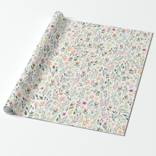 Bohemian Watercolor Leaves and Flowers Wrapping Paper