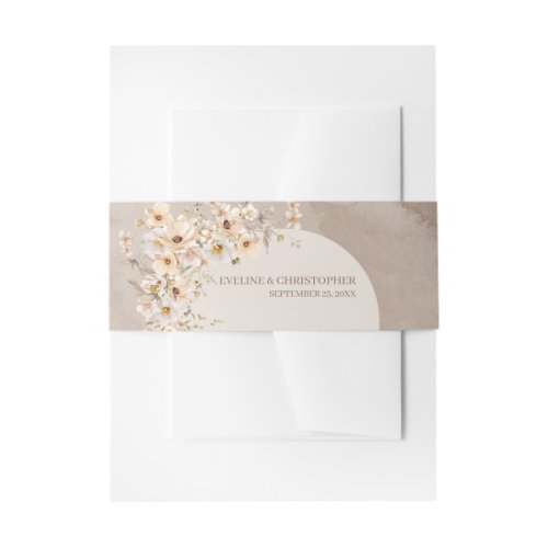 Bohemian watercolor neutral lush wildflowers arch invitation belly band