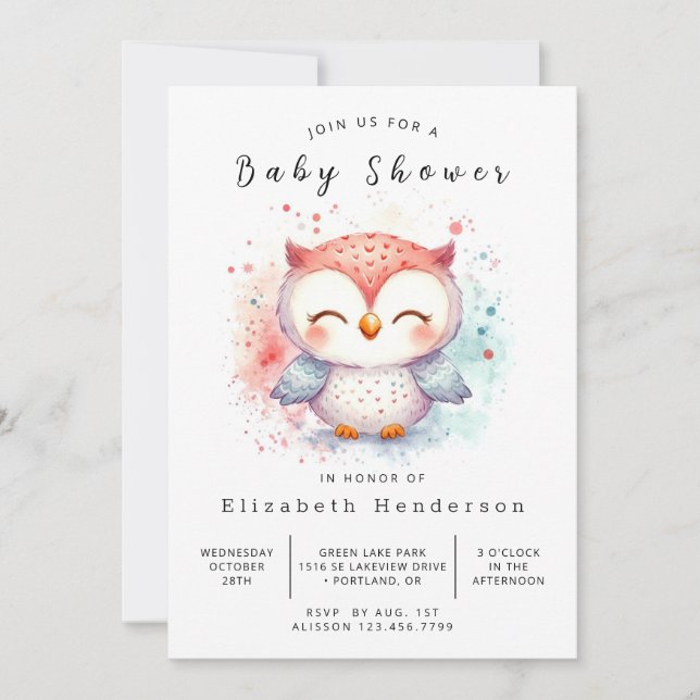 Bohemian Watercolor Owl Baby Shower Invitation (Front)