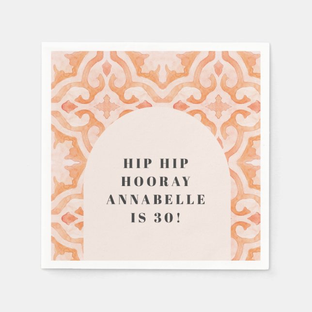 Bohemian watercolor pastel moroccan peach birthday napkins (Front)