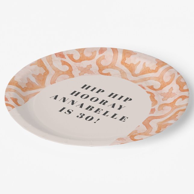 Bohemian watercolor pastel moroccan peach birthday paper plates (Angled)