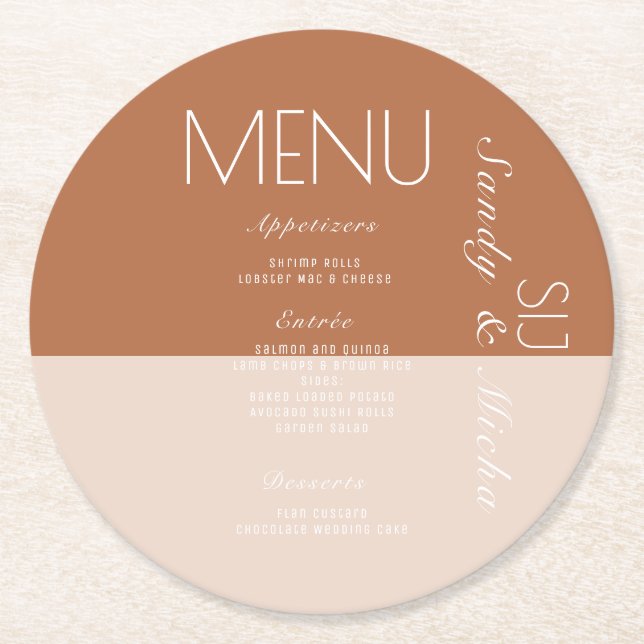 Bohemian Wedding Dinner Menu Terracotta  Round Paper Coaster (Front)