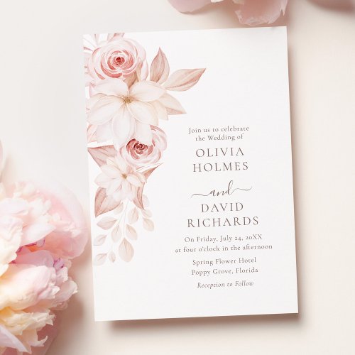 Bohemian White and Pink Roses Wedding Invitation