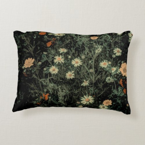 bohemian white daisy wildflower black floral accent pillow