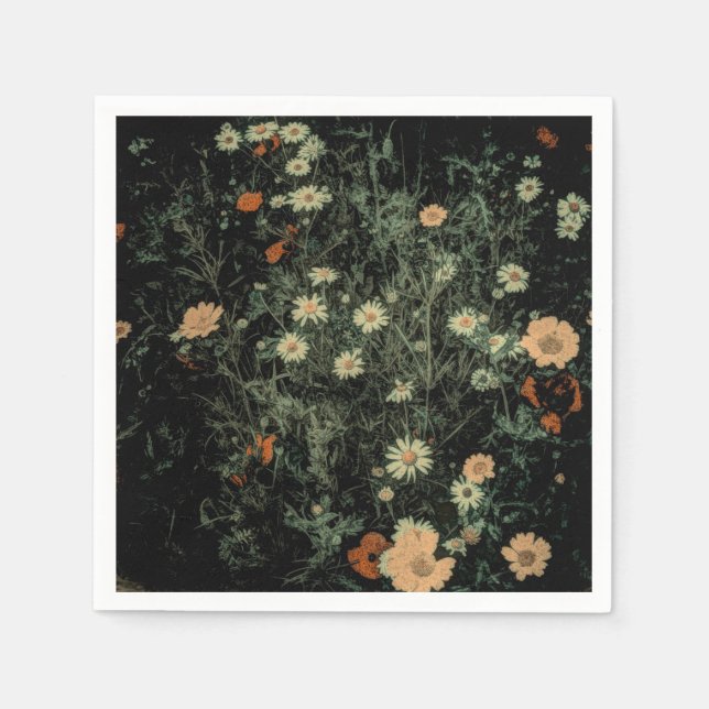 bohemian white daisy wildflower black floral napkins (Front)