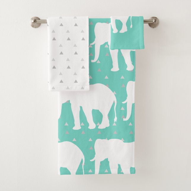 Bohemian White Elephants & Gray Triangles Bath Towel Set (Insitu)
