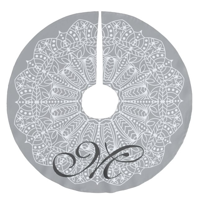 Bohemian White Floral Mandala & Initial Letter Brushed Polyester Tree Skirt (Front)