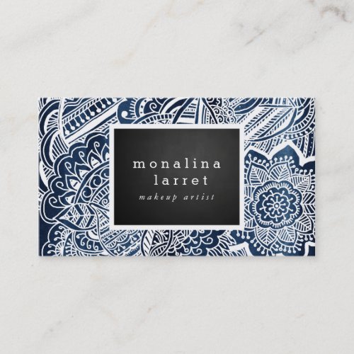 Bohemian White Hand Drawn Doodle Navy Blue Business Card