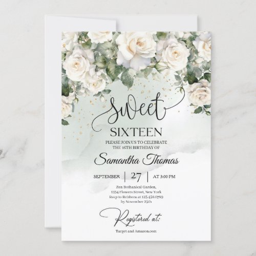 Bohemian white roses and eucalyptus greenery gold invitation