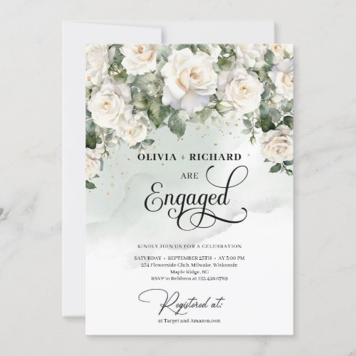 Bohemian white roses and greenery and gold invitation