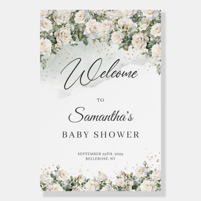 Bohemian White Roses baby shower welcome Foam Board (Front)