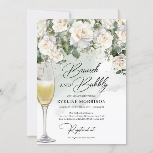 Bohemian white roses eucalyptus brunch and bubbly  invitation