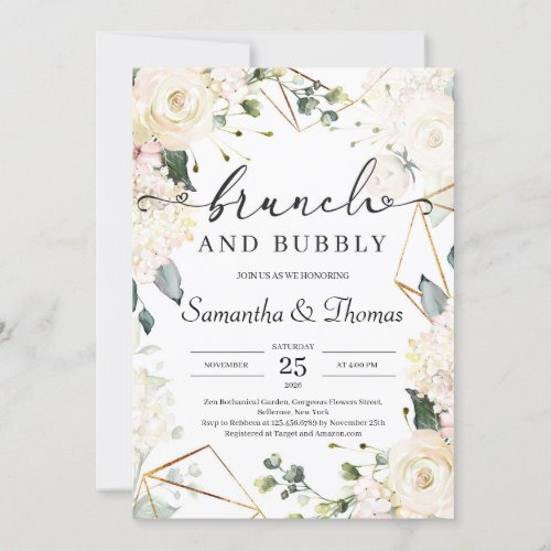 Bohemian white roses eucalyptus gold brunch invitation