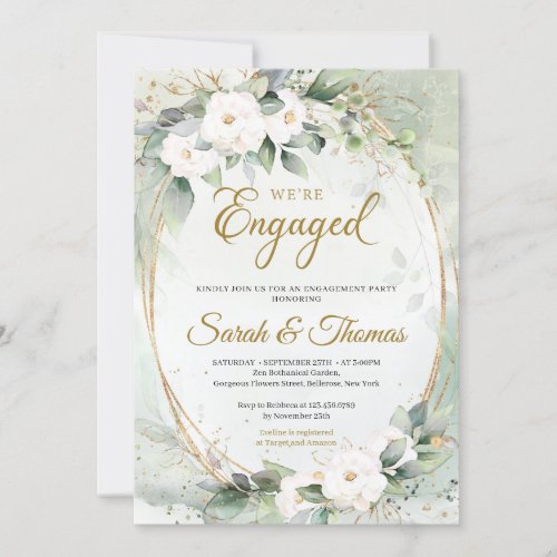 Bohemian White roses eucalyptus gold oval frame Invitation