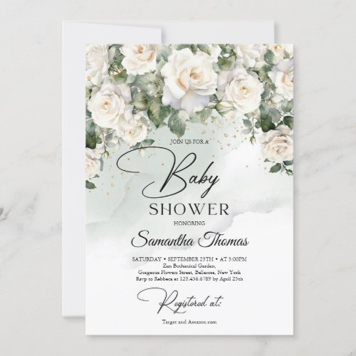 Bohemian white roses eucalyptus green and gold invitation