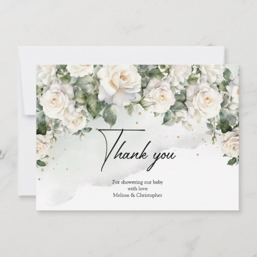 Bohemian white roses eucalyptus green and gold thank you card
