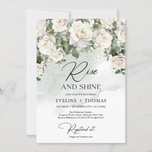 Bohemian white roses eucalyptus rise and shine invitation