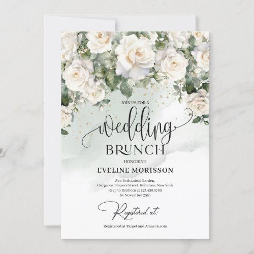 Bohemian white roses eucalyptus wedding brunch invitation