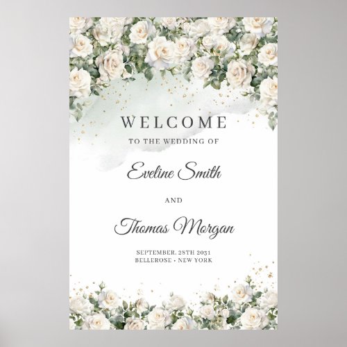 Bohemian white roses eucalyptus wedding welcome poster