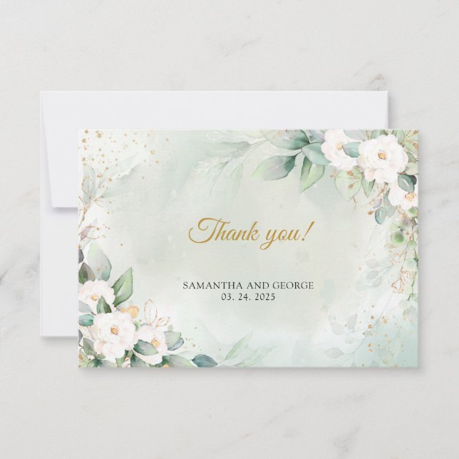 Bohemian white roses green eucalyptus gold frame thank you card (Front)