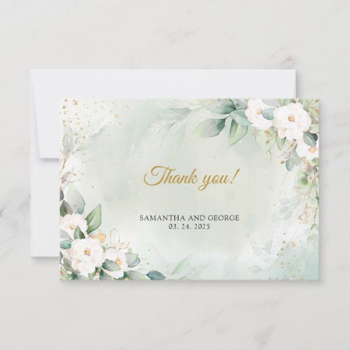Bohemian white roses green eucalyptus gold frame thank you card