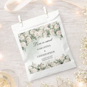Bohemian white roses greenery and gold wedding favor bag