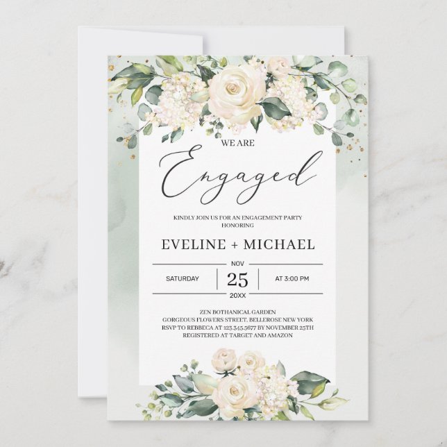 Bohemian white roses greenery bridal shower invitation (Front)