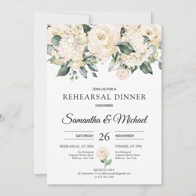 Bohemian white roses greenery rehearsal dinner invitation (Front)