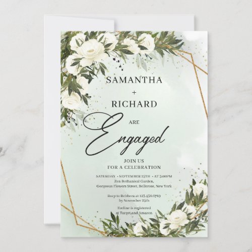 Bohemian White roses olive greenery gold frame  Invitation