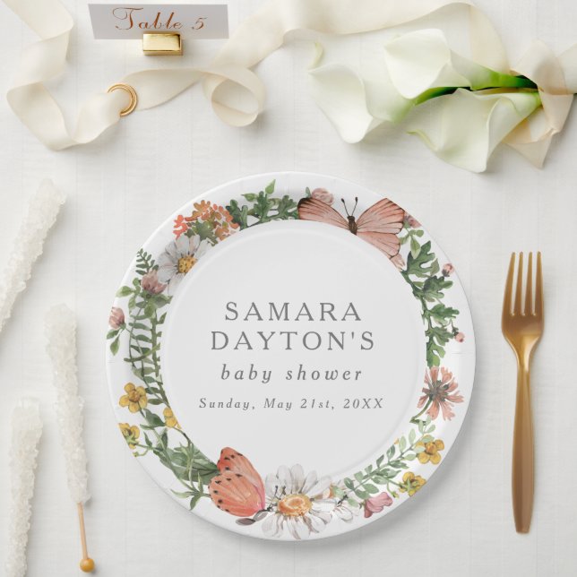 Bohemian Wildflower Butterfly Baby Shower Paper Plates (Wedding)