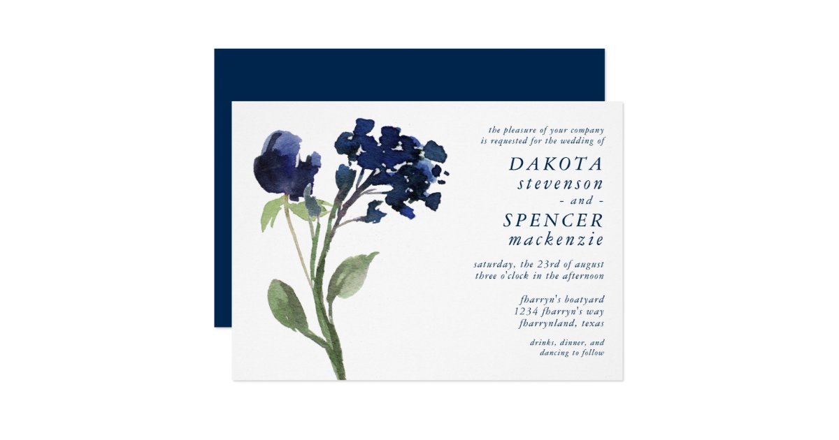 Bohemian Wildflower Dark Blue Simple Wedding Invitation Zazzle