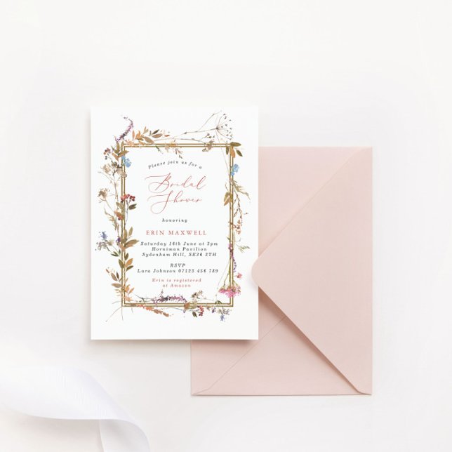 Bohemian Wildflower Gold Frame Bridal Shower  Invitation (Creator Uploaded)
