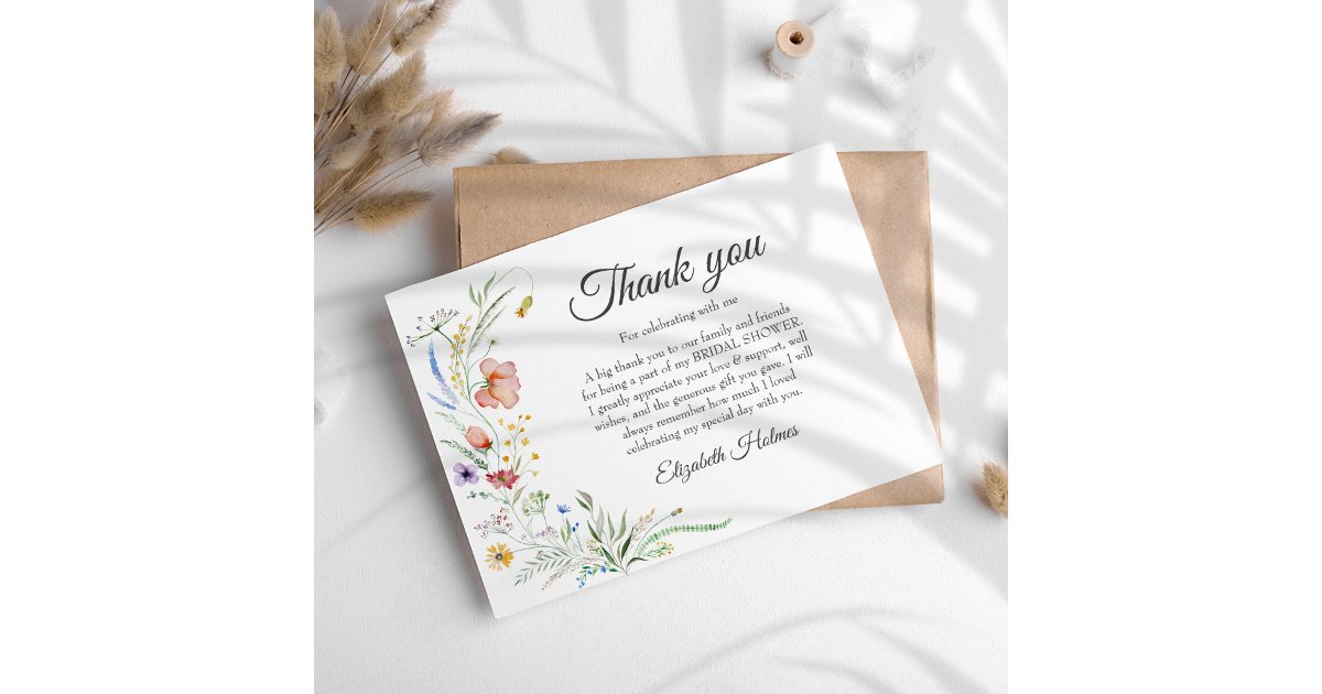Bohemian Wildflower Meadow Bridal Shower Thank You Card | Zazzle