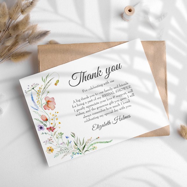 Bohemian Wildflower Meadow Bridal Shower Thank You Card (Bohemian Wildflower Meadow Bridal Shower Thank You Card on a sunny boho table.)