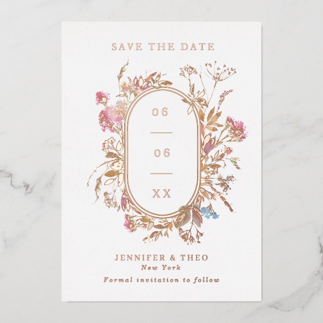 Bohemian Wildflower Pill Frame Wedding Photo Save  Foil Invitation (Front)