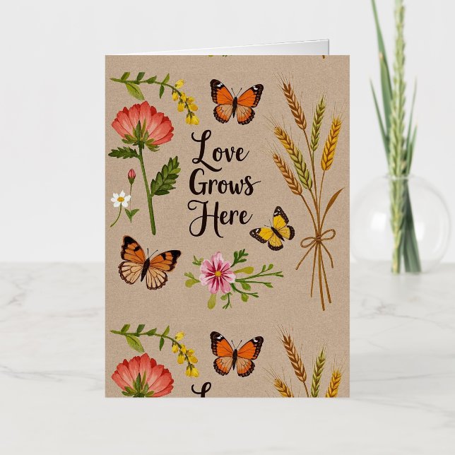 Bohemian Wildflowers, butterflies, wheat stalks Foil Greeting Card (Front)