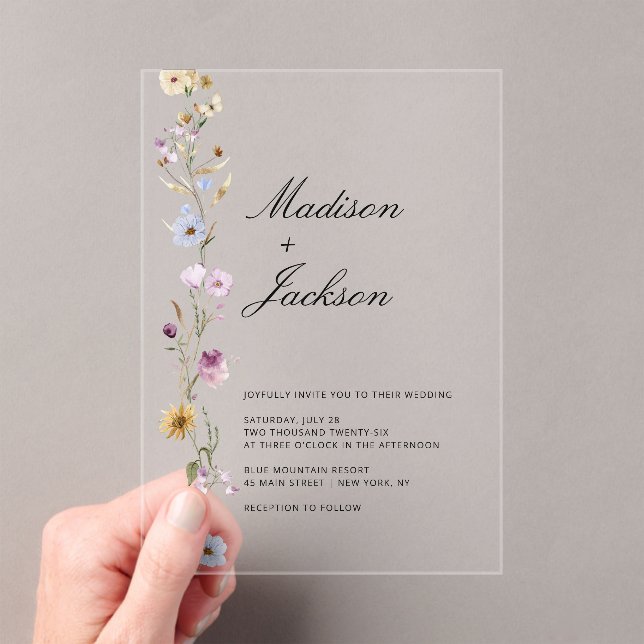 Bohemian Wildflowers Elegant Calligraphy Wedding Acrylic Invitations (Insitu (Handheld))