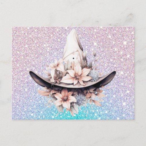 Bohemian Witches Hat Flowers Glitter Halloween Holiday Postcard