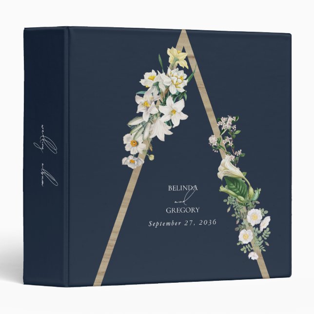 Bohemian Wood Pyramid Florals Blue Wedding Album 3 Ring Binder (Front/Spine)