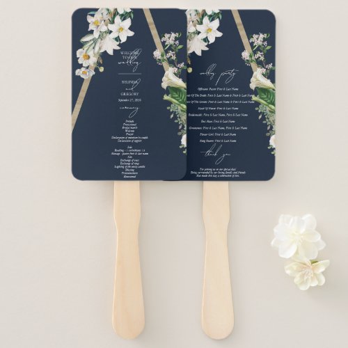 Bohemian Wood Pyramid Florals Blue Wedding Program Hand Fan