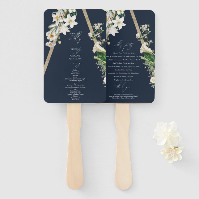 Bohemian Wood Pyramid Florals Blue Wedding Program Hand Fan (Front and Back)