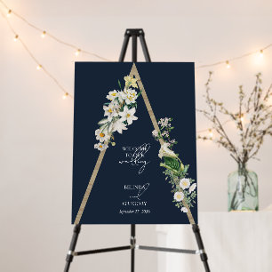 Bohemian Wood Pyramid Florals Blue Wedding Welcome Foam Board