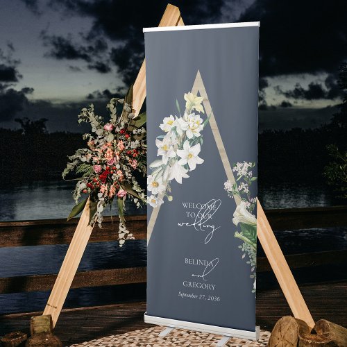 Bohemian Wood Pyramid Florals Blue Wedding Welcome Retractable Banner