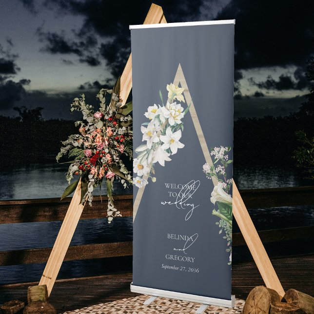 Bohemian Wood Pyramid Florals Blue Wedding Welcome Retractable Banner (Bohemian Wood Pyramid Florals Blue Wedding Welcome Retractable Banner)