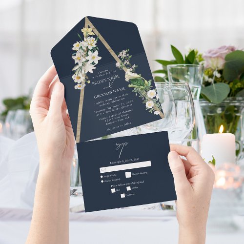 Bohemian Wood Pyramid White Florals Blue Wedding All In One Invitation