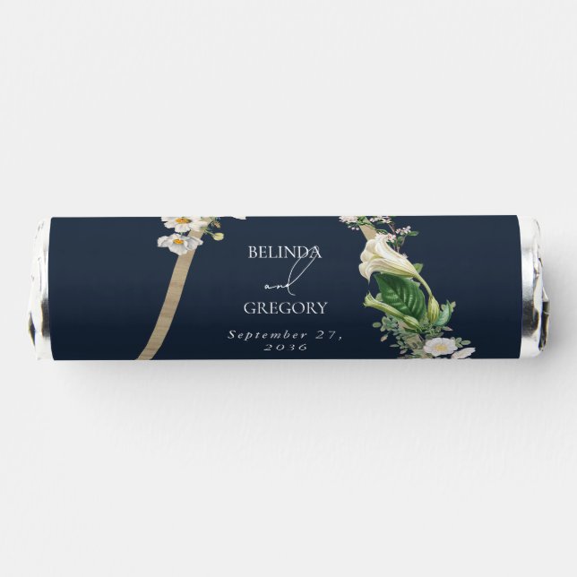 Bohemian Wood Pyramid White Florals Blue Wedding Breath Savers® Mints (Left)