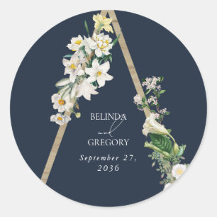 Bohemian Wood Pyramid White Florals Blue Wedding Classic Round Sticker