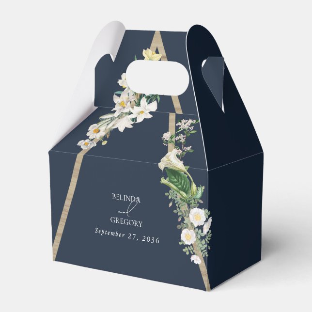 Bohemian Wood Pyramid White Florals Blue Wedding Favor Boxes (Front Side)