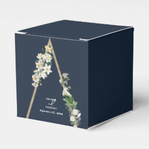 Bohemian Wood Pyramid White Florals Blue Wedding Favor Boxes