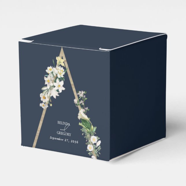 Bohemian Wood Pyramid White Florals Blue Wedding Favor Boxes (Front Side)